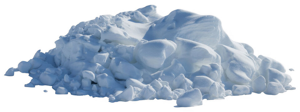 Pile of broken ice chunks and snow drifts with blue shadows isolated on a transparent background