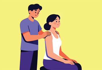 An illustration depicting a therapist gently massaging the shoulder of a woman, both are smiling