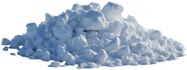 Pile of broken ice chunks and snow with blue shadows isolated on a transparent background
