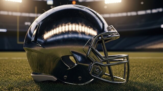Chrome American football helmet on a sports field metallic - Powered by Adobe