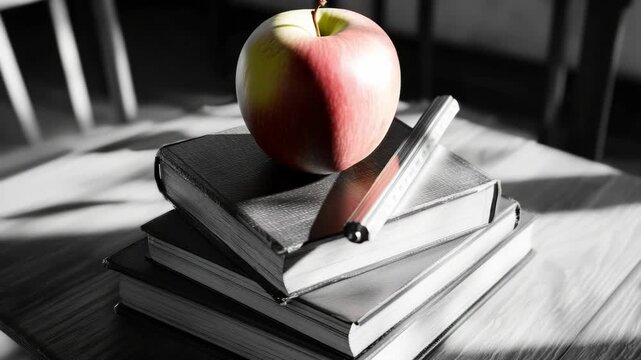A stack of books with an apple on top. The apple is next to a pen