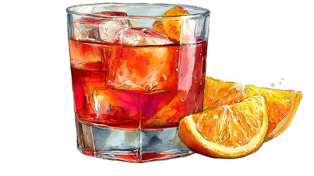 A refreshing watercolor Negroni cocktail with vibrant orange slices promising an uplifting on transparent background