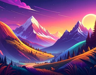 Vibrant cartoon landscape features snow-capped mountains and sunset