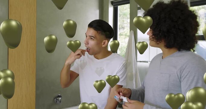 Two men at sink, dispensing toothpaste and brushing teeth for health, metallic hearts over hands