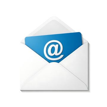 White open envelope with blue card featuring a prominent atsymbol representing digital communication and online messaging concepts
