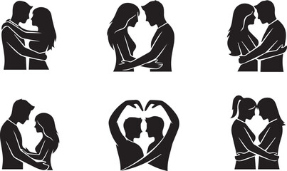 Silhouette collection of romantic couples embracing and forming heart shapes