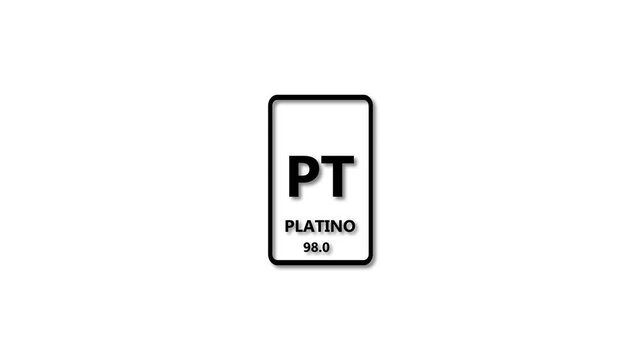 Platino 198.08 as Element 78 of the Periodic Table. Design shows name, atomic weight and element number. black background 4k animation