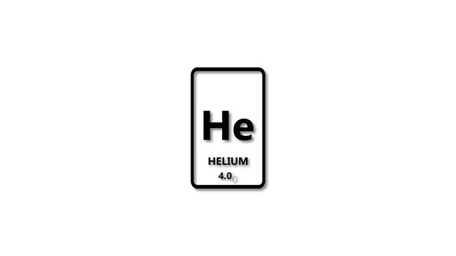 Helium 4.00 as Element 2 of the Periodic Table. Design shows name, atomic weight and element number. black background 4k animation