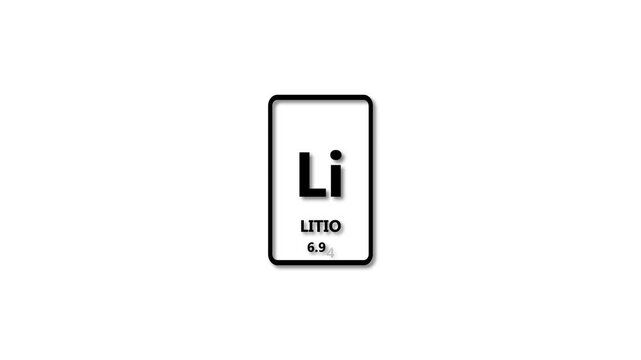 litio as Element 3 of the Periodic Table. Design shows name, atomic weight and element number. black background 4k animation