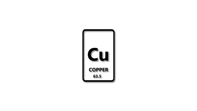 copper as Element 29 of the Periodic Table. Design shows name, atomic weight and element number. black background 4k animation