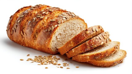 Freshly baked artisan bread loaf with sunflower seeds, sliced on white background. Homemade whole grain sourdough with golden crispy crust and soft texture