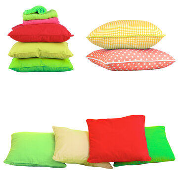 PNG  image of Assortment of colorful square and checkered throw pillows stacked and arranged for home decor concepts on transparent background