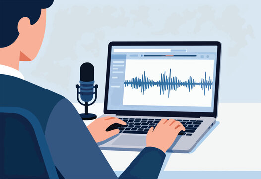 Illustration of a person from behind using a laptop and microphone to record or edit audio