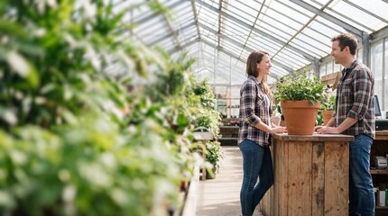 Happy young caucasian couple wearing plaid shirts standing at wooden checkout counter in bright greenhouse buying potted green plants together