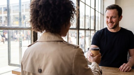Smiling male barista serving takeaway coffee cup to female customer sitting at table in bright cafe with large window background during daytime