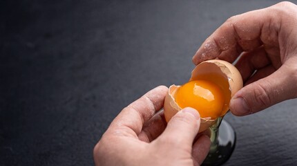 Professional chef hands separating fresh orange egg yolk from white using brown shell halves during baking preparation with flour on dark slate background