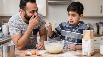 Happy Middle Eastern father laughing at surprised son holding dripping whisk during messy baking session in home kitchen with flour on faces