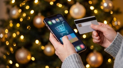Hands holding smartphone and credit card for online christmas shopping with digital cart icon near blurred tree with golden lights and ornaments