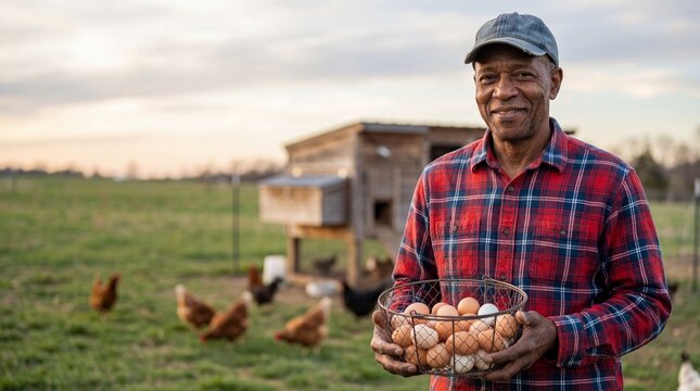 Senior African American farmer holding a wire basket of fresh eggs near a coop and chickens during golden hour sunset on a rural farm pasture