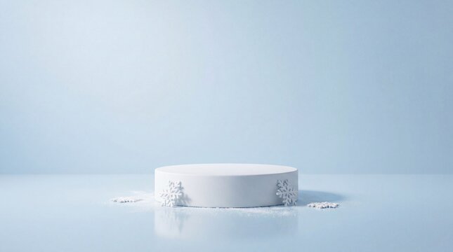 Minimalist white cylinder podium on pale blue background with frost and snowflakes for winter product display and Christmas sales presentation showcase