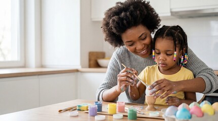 African American mother and daughter painting Easter eggs together at a wooden table in a bright modern kitchen.