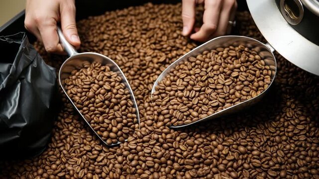 Professional hands scooping rich, roasted coffee beans ready for brewing, a sensory delight. 4k high quality footage