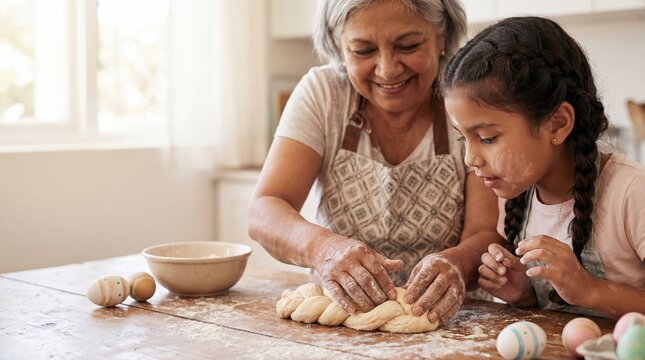 Happy grandmother teaching granddaughter how to bake braided Easter bread together in a bright sunlit kitchen at home. - Powered by Adobe