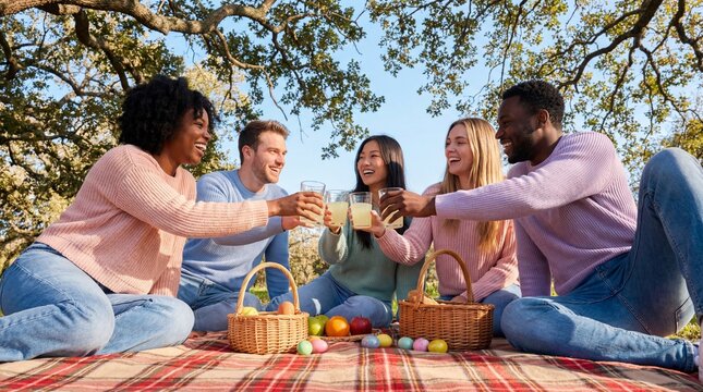 A diverse group of happy young friends toasting with lemonade during an Easter picnic in a sunny park on a spring day. - Powered by Adobe