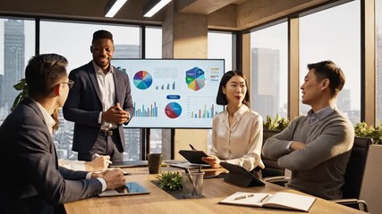 A diverse team in a glass-walled office explains market charts to colleagues around a table! in view - Powered by Adobe