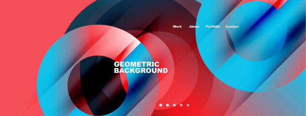 Fototapeta premium Abstract design features vibrant overlapping shapes. Red, blue hues dominate composition. Navigation links present top right corner. Modern aesthetic.