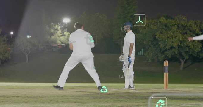 Cricket bowler run-up, bowling; batsman checking wicket, overlays passing players showing CO graphs