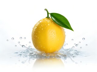 Lemon with Leaf Hit by Clear Water Splash