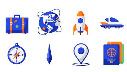 Fototapeta premium A collection of travel and exploration icons including a suitcase, globe, rocket, car, compass, and passports.