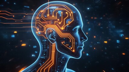 Abstract glowing human head profile with internal circuit board and orange light trails artificial intelligence - Powered by Adobe