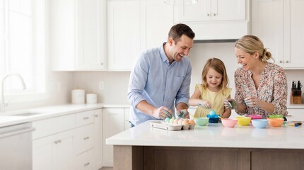 Happy family with young daughter painting Easter eggs together in a modern bright kitchen celebrating the holiday at home.