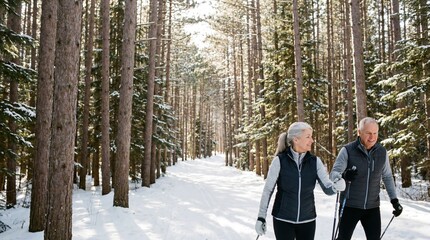 Naklejka premium Active senior couple enjoys cross-country skiing together on a scenic snowy trail through a beautiful winter pine forest.