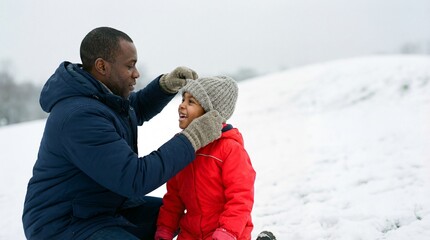 Caring Black father adjusting his happy daughter's woolen hat on a snowy hill during a fun winter family day outdoors.