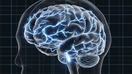 Spinning Holographic Human Brain Model Emitting Electrical Blue Synapses - Medical AI Diagnosis Loop - Powered by Adobe