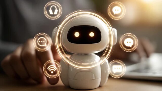 A robotic assistant engages with a user by responding to commands and demonstrating interactive features in a contemporary home office