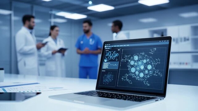 Doctors collaborate on cutting edge medical research discussing molecular data on laptop screen in bright lab 4k high quality footage