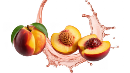 Ripe peaches with splashing pink liquid and green leaves isolated on a transparent background