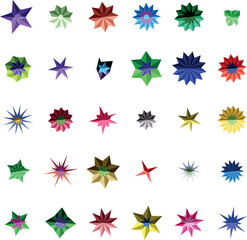 Obraz premium A captivating collection of thirty colorful geometric star shapes arranged neatly on a pristine white background