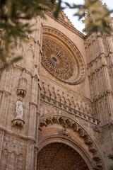 Close-up of La Seu Cathedral's Gothic Facade and Rose Window, Palma de Mallorca
