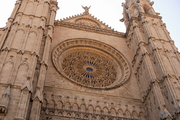 Detailed Baroque Entrance Portal of a Historic Church with Statue of the Virgin Mary, Palma de Mallorca