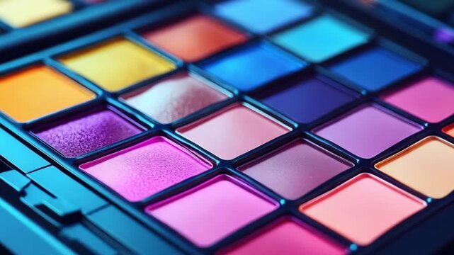 A close up view of colorful eye shadow palette, highlighting the rich textures and hues available for creative makeup application