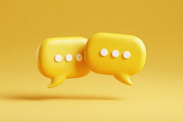 Two yellow speech bubbles float against a solid yellow background.