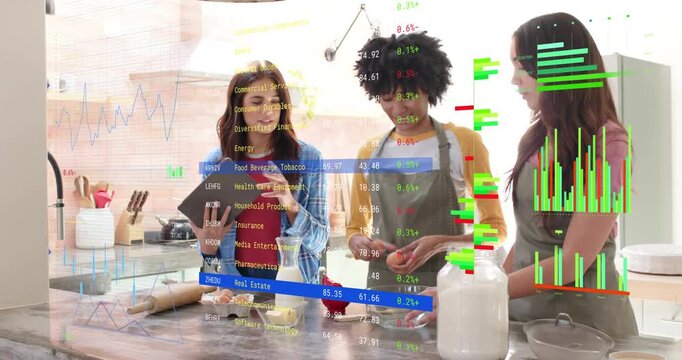 Left woman tapping tablet, three women cooking, center mixing eggs while finance charts overlaying