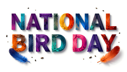  A vibrant National Bird Day graphic featuring rainbow-painted lettering and scattered feather accents. 4K, HD