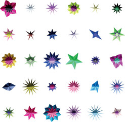 A mesmerizing grid of colorful geometric star shapes with varied facets on a pristine white surface