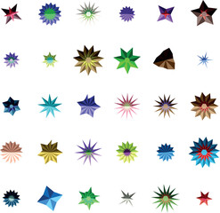 A striking display of many colorful geometric star patterns and varied faceted shapes on a pure white surface